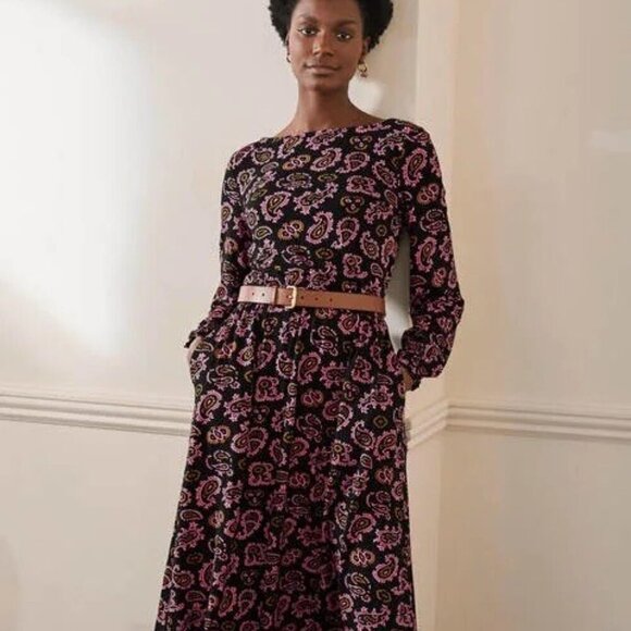 BODEN Evelyn Jersey Midi Dress Azalea Paisley Pink Black 12 - Picture 2 of 9